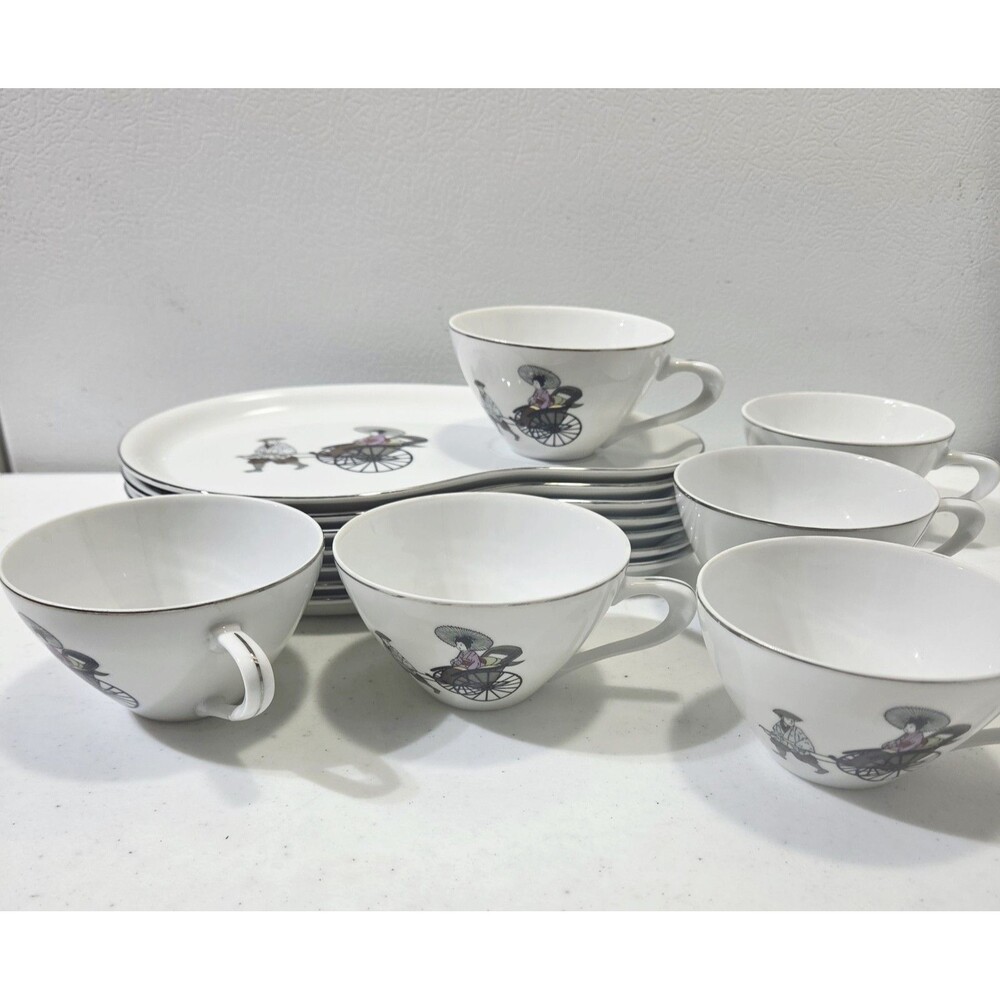 Arita China Vintage Japan Fine Porcelain 13 pc Tea Snack Set Rickshaw Pattern